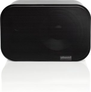 siyah ArtSound UNI40 kompakt hi-fi hoparlör, önden görünüm, yuvarlatılmış siyah metal ızgara ön panel