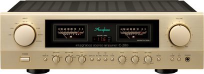 Integreret stereo hi-fi forstærker E-280, set forfra, gylden finish, 2 store cirkulære knapper, 2 skærme med nåle, 9 små knapper