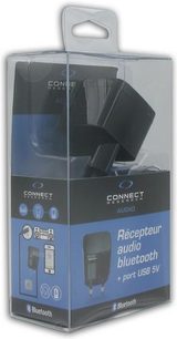 Bluetooth audio vysílač Connect Research CRBT011 černý v průhledném plastovém obalu, pohled zepředu