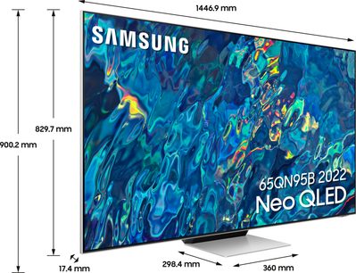 Samsung QE65QN95B 2022 Neo QLED-tv, fladt rektangulært skærm, smal ramme, abstrakte blå og gule mønstre