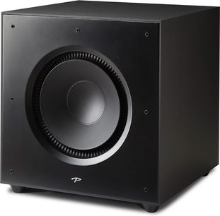Paradigm Defiance X15 sort satineret baskabinetfrontvisning, central rund højttaler, sort gitter
