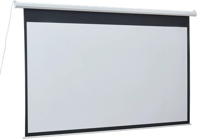 Schermo di proiezione motorizzato Projeo Motion HD 77 bianco con bordo nero e cassonetto a parete srotolato in vista frontale