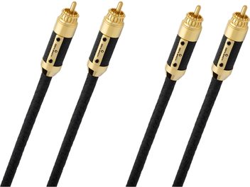 Черна двойка аналогови аудио кабели RCA Oehlbach Black Connection Master с плетена обвивка, цилиндрични позлатени метални конектори с черна вложка и две винтове, косо гледане
