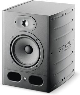 Focal ALPHA 65 grå monitorhøjttaler, set forfra, med basenheder, diskant og bassportåbninger på forsiden