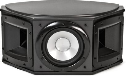 Juoda Klipsch Synergy S-20 galinė garso kolonėlė, priekinis vaizdas, apvalinta šešiakampė forma, sidabrinis apvalus centrinis garsiakalbis