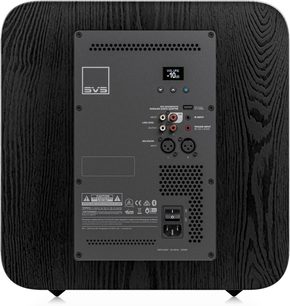 SVS SB-3000 R|Evolution -bassokaiutin, musta saarni, takanäkymä: musta liitäntäpaneeli äänenvoimakkuusnäytöllä