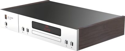 JBL CD350 CD-afspiller i sølv og mørkt træ, set forfra, frontpanel med rød display, CD-skuffe og knapper