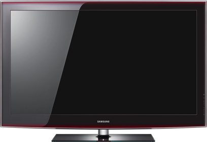 Samsung LE40B551 sort fladskærms-TV, set forfra, slukket, på en gråsort nedtonet baggrund, med rødt logo forneden
