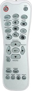 Grå fjernbetjening fra Optoma med knapper til tænd/sluk, bruger 1/2/3, lysstyrke, kontrast, billedformat, keystonekorrektion, DB, 3D, sleep-timer, lydstyrke +/-, kilde, gensync, menu, HDMI 1/2, VGA 1/2, video, YPbPr