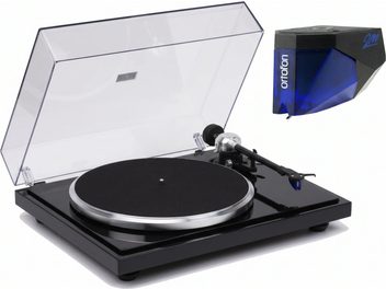 Svart vinylplatespiller med åpent gjennomsiktig deksel og blå Ortofon 2M-pickup i nærbilde