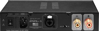 Emotiva STEALTH PA-1 sort forstærker, bagside, RCA- og XLR-lydstik, højttalertilslutninger, afbryder