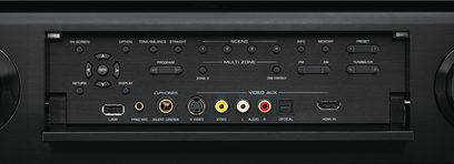Yamaha RX-V1067 sort hjemmebiografsforstærker, frontvisning af kontrolpanelet med knapper, porte og displayskærm