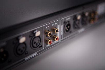 Preamplificatore stereo Electrocompaniet EC4.8 MKII, vista ravvicinata posteriore dei connettori RCA analogici e XLR