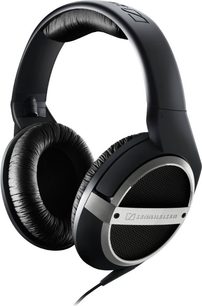 Åbent hi-fi hovedsæt Sennheiser HD-448 i sort, set fra venstre profil, ovale ørepuder, polstret hovedbøjle, metalnet på høretelefonerne