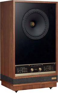 Cassa acustica da pavimento Fyne Audio Classic XII noce, legno di noce, altoparlante centrale con ogiva dorata, manopole dorate, vista a tre quarti