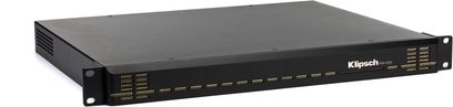 Усилвател с множество канали Klipsch KDA-1000 черен, преден изглед, 1U рак 19", фасада с вентилационна решетка и LED индикатор