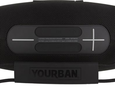 Přenosný reproduktor Yourban Getone 45, pohled shora, černý texturovaný povrch, černá ovládací tlačítka, viditelný logo Yourban