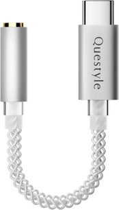 Hõbedane Questyle QLINK USB-C adapter jack-pesa ja valge punutud U-kujulise kaabliga