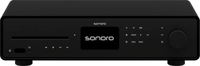 Sistema audio hi-fi tutto-in-uno Sonoro Maestro Quantum nero opaco, vista frontale, con schermo, pulsanti e connettori sul pannello anteriore