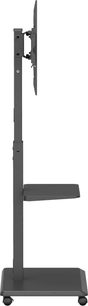 Norstone Pro Vision Plus black metal TV stand, side view, slender column with screen mounting plate, intermediate rectangular shelf, and base with four casters
