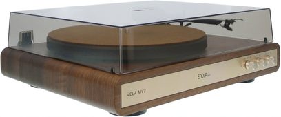 Brun Enova HIFI VELA MV2-pladespiller med gylden front og lukket transparent støvlåg, set skråt forfra