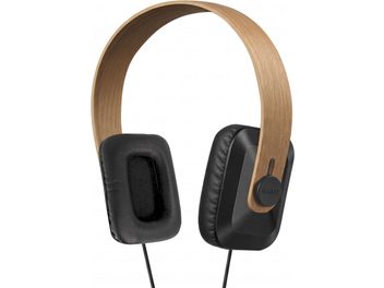 Kaiku Lite hi-fi austiņas ozolkoka krāsā ar koka izskata stīpu un melniem ausu spilventiņiem, skats no priekšpuses სამი