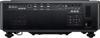 Černý videoprojektor Optoma UHZ78LV, zadní pohled s konektivitou HDMI, USB, RS232 a audio konektory