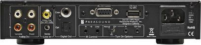 CD přehrávač Parasound Z CD černý, zadní panel, audio konektivita a ovládání, RCA výstupy, koaxiální, optický, RS-232, USB, 15 W
