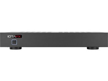 Black IOTAVX PA3 high-fidelity power amplifier front view with logo on the front panel and blue illuminated square button