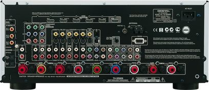 Wzmacniacz kina domowego Onkyo TX-SR806, widok od tyłu, liczne złącza audio/wideo, gniazda głośnikowe, antena FM, port Ethernet