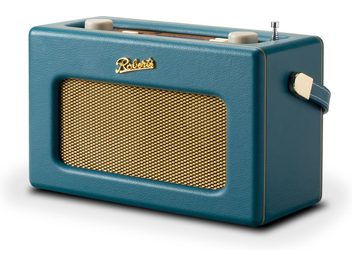 Radio de sobremesa Roberts Revival iStream 3L en azul verdoso de cuero sintético granulado, rejilla frontal metálica dorada, dos botones giratorios color crema y antena en la parte superior, asa lateral, vista tres cuartos frontal derecha