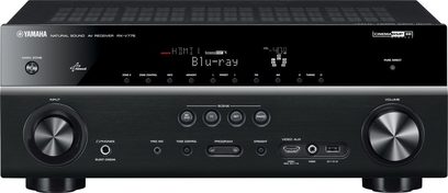 Yamaha RX-V775 sort hjemmebiografsforstærker, set forfra, sort front med knapper, LCD-skærm, sølvfarvede stik og drejeknapper