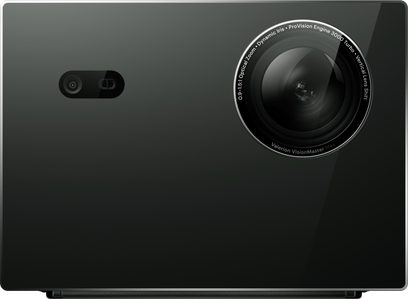 Videoproiector Valerion VisionMaster Pro 2, negru lucios, din plastic, carcasă dreptunghiulară văzută din față, cu un obiectiv circular mare în dreapta și un mic modul senzor în stânga