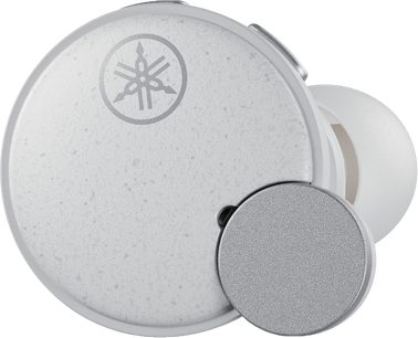 Hvid Yamaha HPH-MT8 hovedtelefoner, set fra siden, lukket lys grå skal med Yamaha-logo, mørk grå ørepude