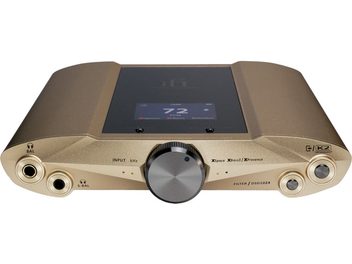 Portable audio converter iFi Audio iDSD Valkyrie gold with central display, silver rotary knob, and multiple front ports