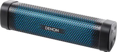 Sort cylindrisk Denon DSB-100 højttaler, blåt perforeret metalgitter på forsiden, hvidt "DENON" logo i midten, set forfra