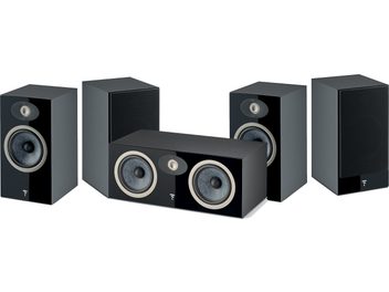 5er-Set schwarze Focal Pack Theva N°1 Regallautsprecher, 3 vertikale und 2 horizontale, Holzgehäuse, Lautsprecher mit grauen Ringen
