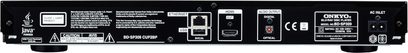 Onkyo BD-SP309 sort 4K Blu-ray-afspiller, set forfra, med HDMI-, USB-, Ethernet-, optiske og audio/video-stik