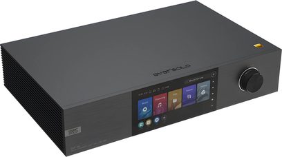 Мережевий аудіоплеєр EverSolo DMP-A8 чорного кольору, передня панель з кольоровим дисплеєм, кнопками та колесиком, вид спереду