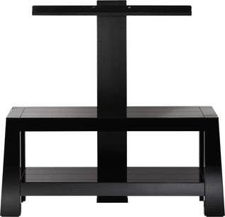 Sort TV-møbel med 2 åbne hylder, sort metalramme, sort glashylde øverst