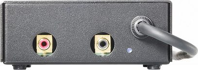 Preamplificatore phono Lehmann Audio Black Cube nero, vista frontale, con due connettori RCA dorati e un connettore di messa a terra