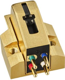 Gramofonová přenoska Audio Technica AT-VM750xSH zezadu, masivní zlaté tělo se čtyřmi kolíky v barvách červená, zelená, modrá a bílá