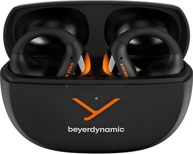 Beyerdynamic Amiron Zero sport-høretelefoner i sort og orange plast i åben ladekasse, set forfra
