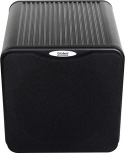 Velodyne MicroVee X sort subwoofer, set forfra, afrundet rektangulær form, sort gitter, hvidt logo i midten