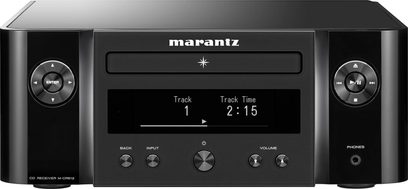 Sistema hi-fi Marantz MCR-612 nero, vista frontale, display digitale, pulsanti e manopole di controllo