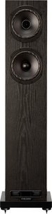 Gulvhøjttaler Fyne Audio F501E, set forfra, mørk træfinish, 2 cirkulære højttalere, bass-reflex port nederst