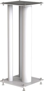Luidsprekervoetstuk Norstone Design Stylum Max wit satijn, 4 witte cilindrische zuilen op een grijze vierkante basis, vooraanzicht