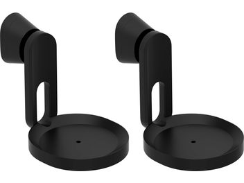 Deux supports muraux noirs pour enceintes Sonos Era 100, vus de face et de profil, en plastique, de forme arrondie