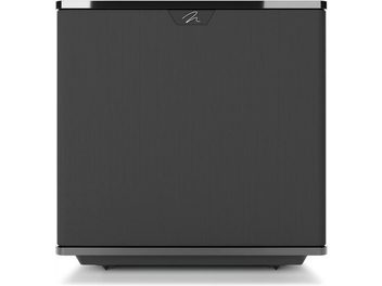 Subwoofer MartinLogan Grotto 12 v černém klavírním laku, pohled zepředu s černou vroubkovanou mřížkou a vycentrovaným logem