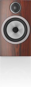 Boxă bibliotecă Bowers & Wilkins 706 S3 moca, vedere frontală, difuzoare tweeter și medii-joase, finisaj lemn închis la culoare